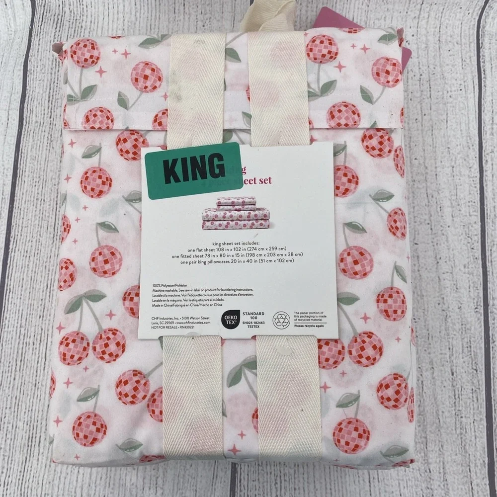Peri Home Sheet Set KING White Pink Cherries Cherry Disco Balls Whimsical